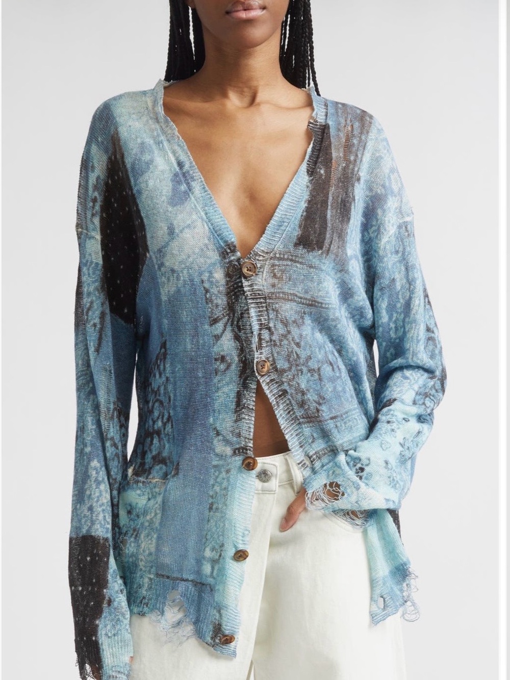 R13 blue multi bandana-print linen cardigan with distressing and a patchwork. - Picture 5 of 5